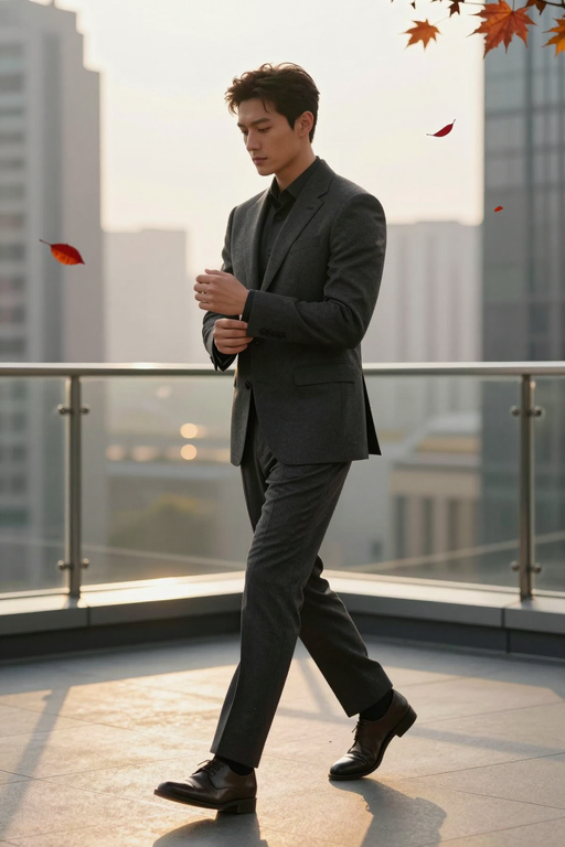 A well-dressed man in a grey suit walks confidently on an urban balcony.