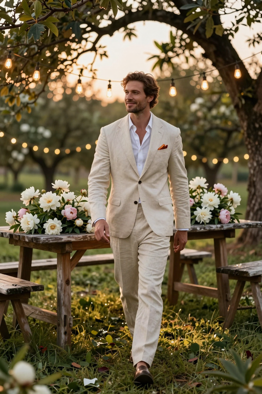 A smiling man in a beige linen suit walks through a garden decorated with string lights.