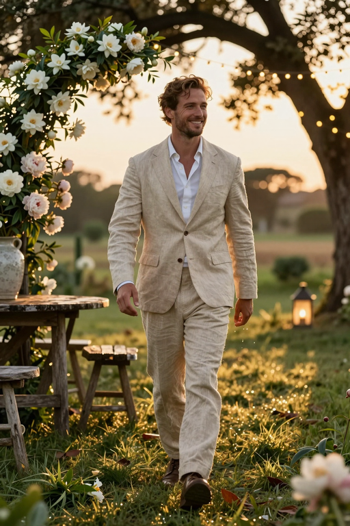 A smiling man in a beige linen suit walks through a garden at sunset.