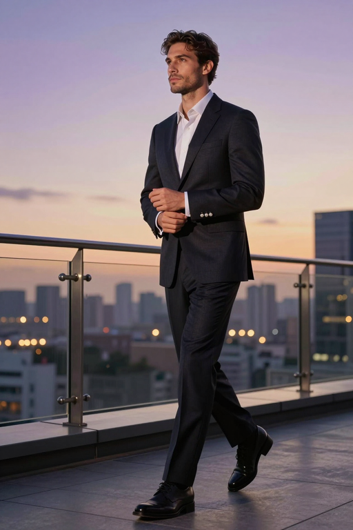 A well-dressed man in a dark suit walks confidently on a rooftop overlooking the city at dusk.