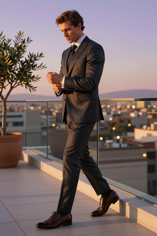 A well-dressed man in a charcoal suit walks along a rooftop overlooking a city at sunset.