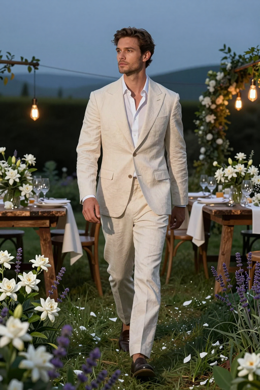 A man in a stylish white linen suit walks through an elegantly decorated outdoor garden setting.