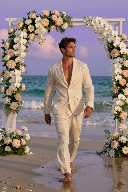 A man in a white linen suit walks through a floral archway on a beach.