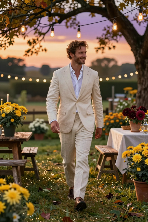 An elegant man in a beige linen suit walks through a garden decorated with string lights at sunset.