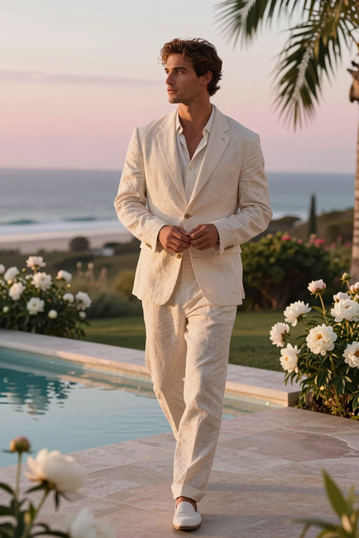 A man in a beige linen suit walks by a poolside overlooking the ocean at sunset.