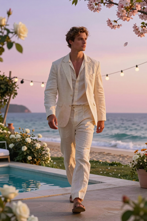A man in a cream linen suit walks near a poolside at sunset by the sea.
