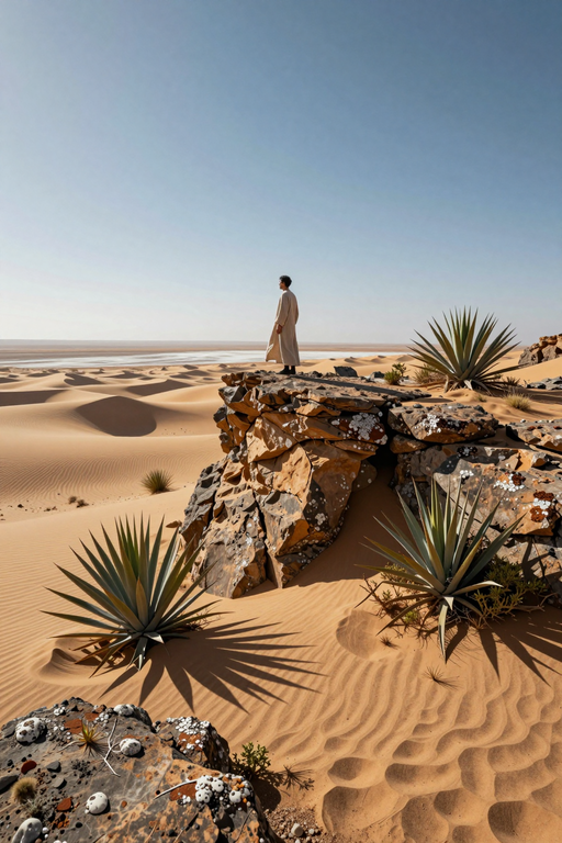 A person in a long coat stands atop a rocky formation overlooking vast sand dunes.
