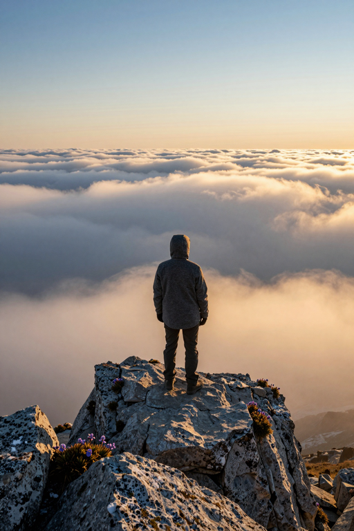A lone man stands atop a rocky peak overlooking a vast sea of clouds at sunset.