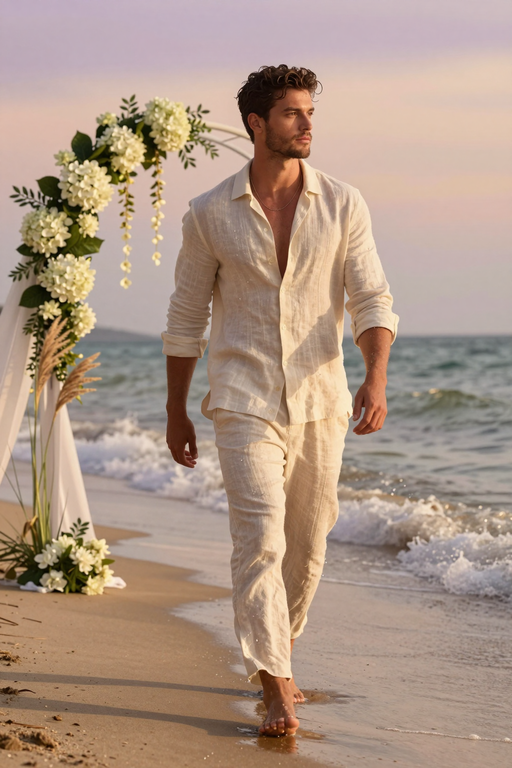 A man in white linen clothing walks along the shoreline at sunset.
