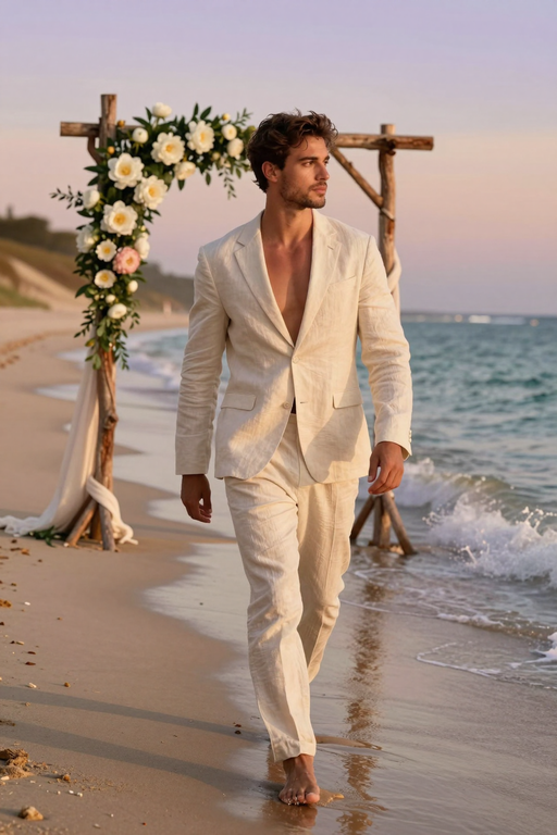 A man in a white linen suit walks along the shoreline at sunset.