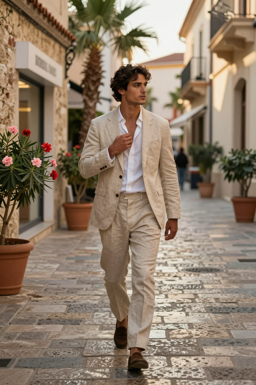 A stylish man in a beige linen suit walks through a sunlit Mediterranean street.