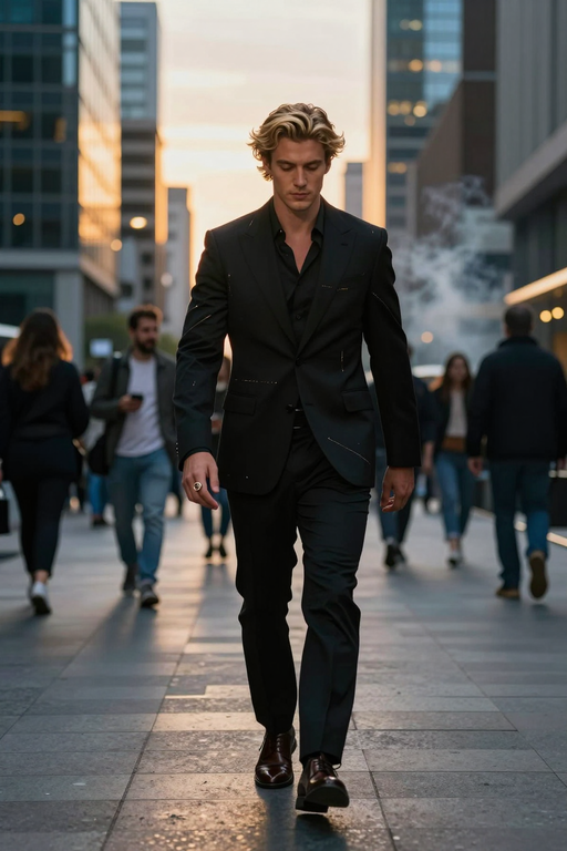 A stylish man in a black suit walks confidently through a modern city street.