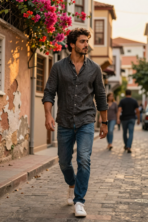 A man in a grey shirt and blue jeans walks down a sunlit cobblestone street.