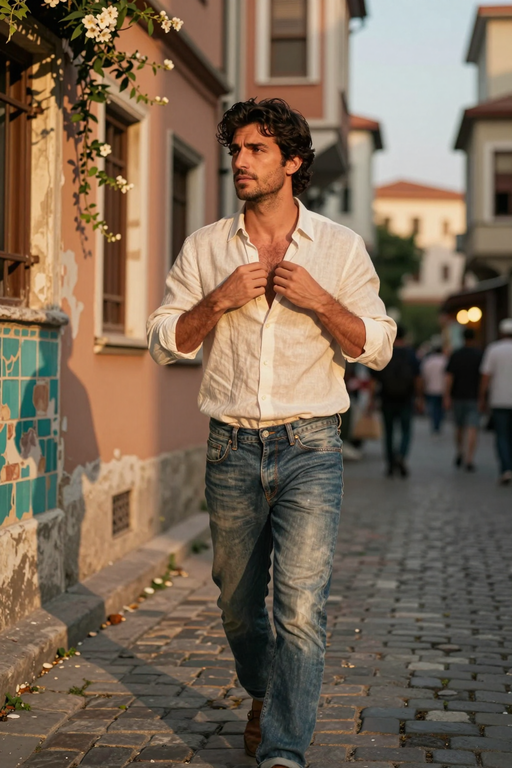 A man in a white linen shirt and blue jeans walks down a cobblestone street.