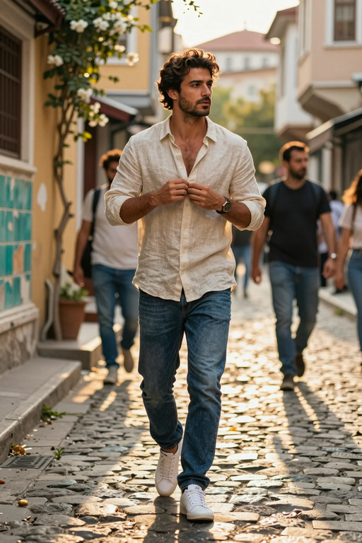 Ein Mann in einem Leinenhemd und Jeans läuft einen sonnenbeschienenen Kopfsteinpflasterstraße entlang.