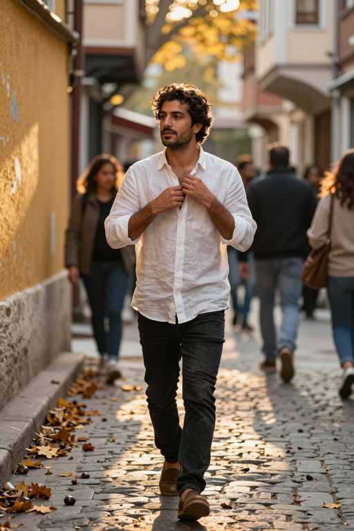 A man in a white linen shirt walks down a sunny cobblestone street.