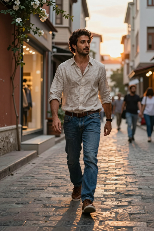 A man in a linen shirt and jeans walks down a cobblestone street during golden hour.