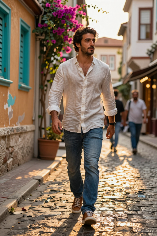 A man in a white linen shirt and jeans walks down a sunlit cobblestone street.