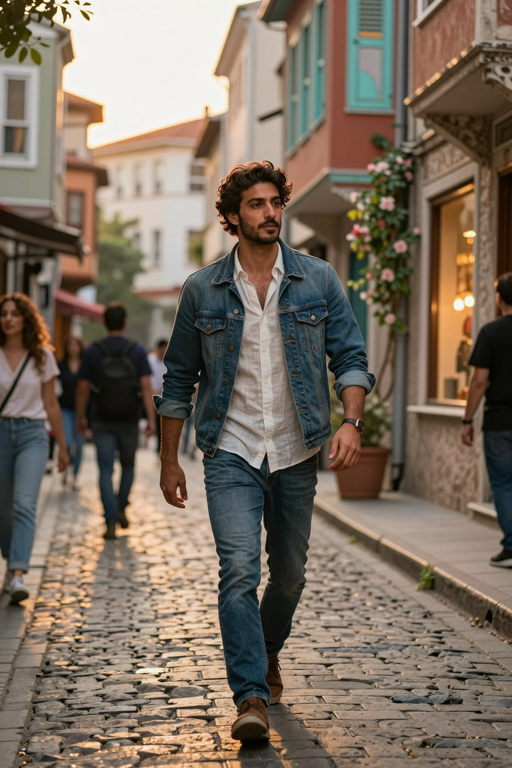 A stylish man walks down a charming cobblestone street wearing a denim jacket and jeans.