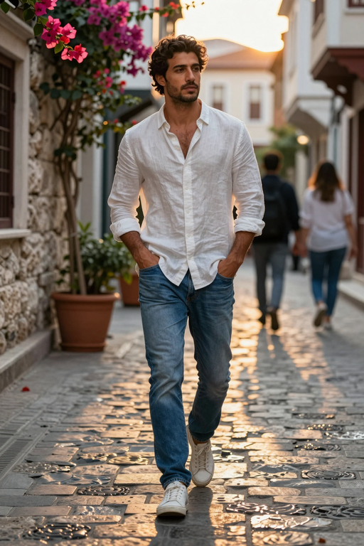 Un homme séduisant en chemise de lin blanc marche dans une rue pavée ensoleillée bordée de fleurs roses.