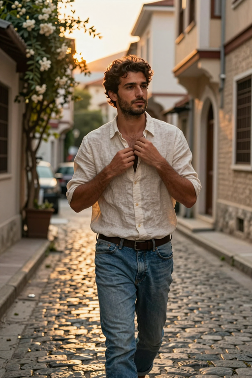 A young man walks down a cobblestone street during the golden hour.