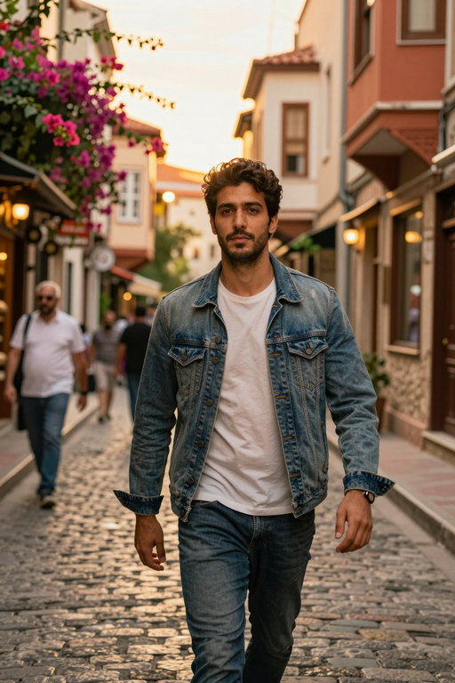 A young man in a denim jacket walks down a charming cobblestone street.