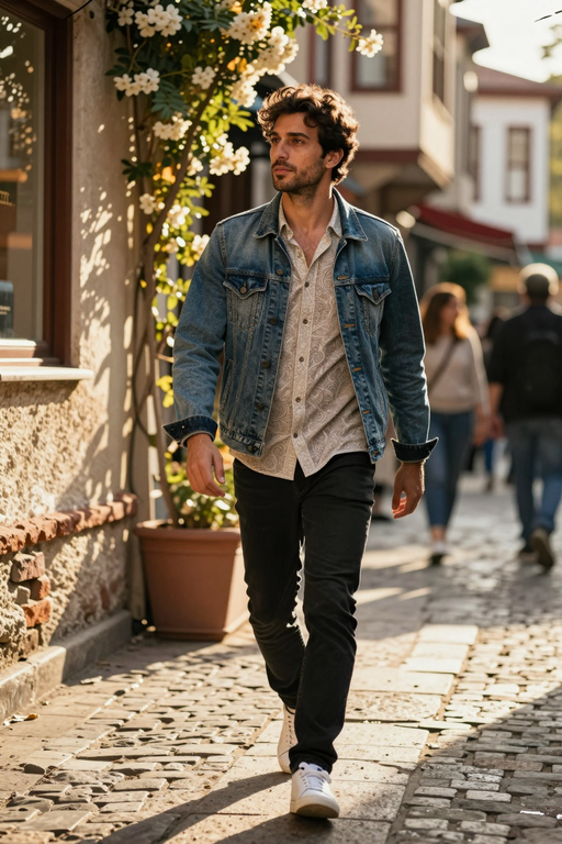 A stylish man in a denim jacket walks down a sunlit cobblestone street.