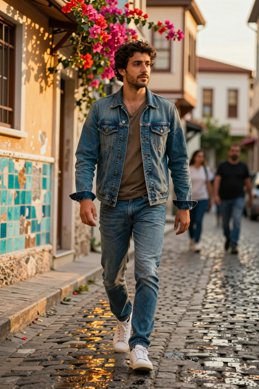 A young man walks down a sunlit cobblestone alley wearing a denim jacket and jeans.
