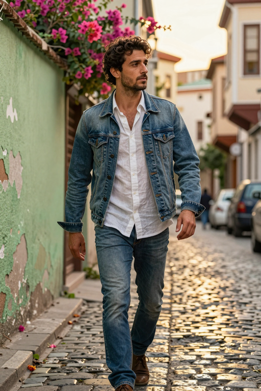 A young man in a denim outfit walks down a charming cobblestone street.