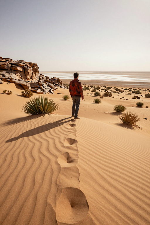 A solitary man walks across rippled sand dunes towards a distant horizon in a vast desert landscape.