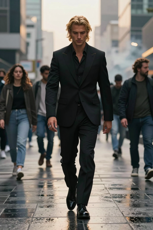 A stylish man in a black suit walks confidently through a city street.
