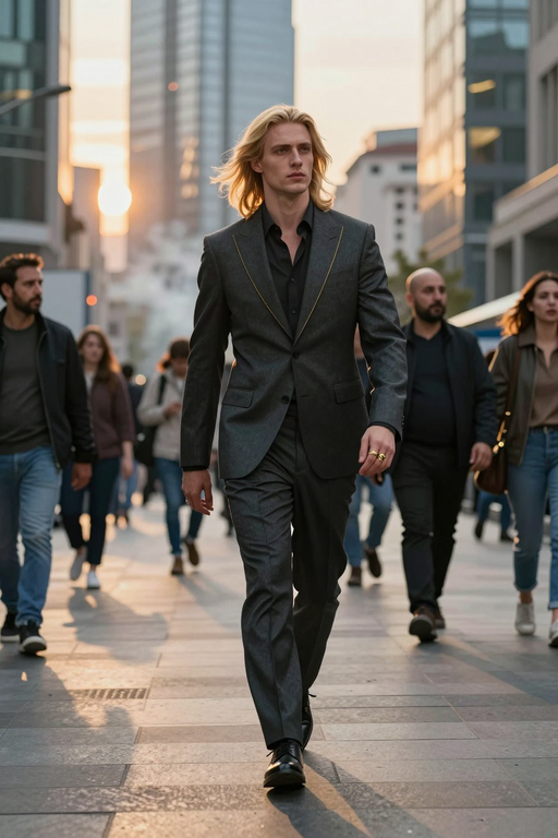 A stylish man in a dark suit walks confidently through a sunlit urban street.