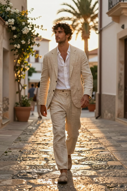 A stylish man walks down a sunlit cobblestone street wearing a light beige linen suit.