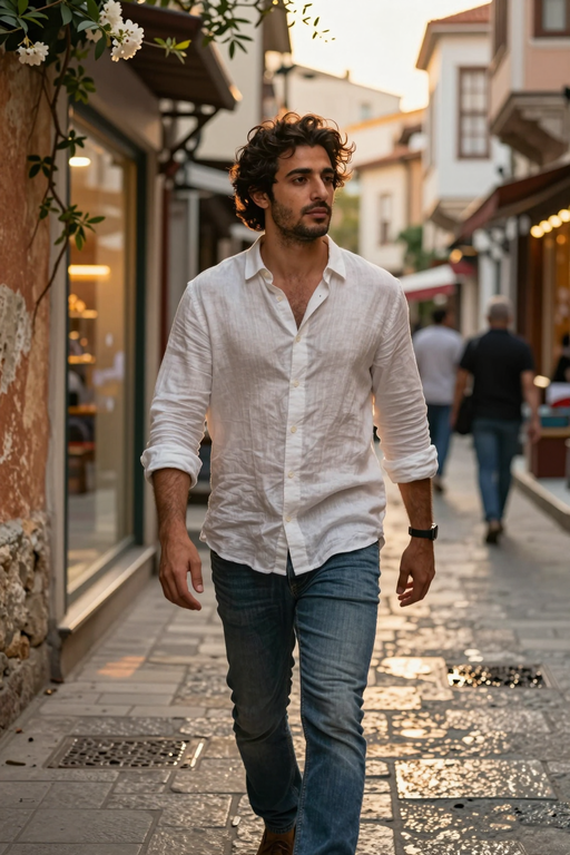A young man in a white linen shirt and blue jeans walks down a cobblestone street.