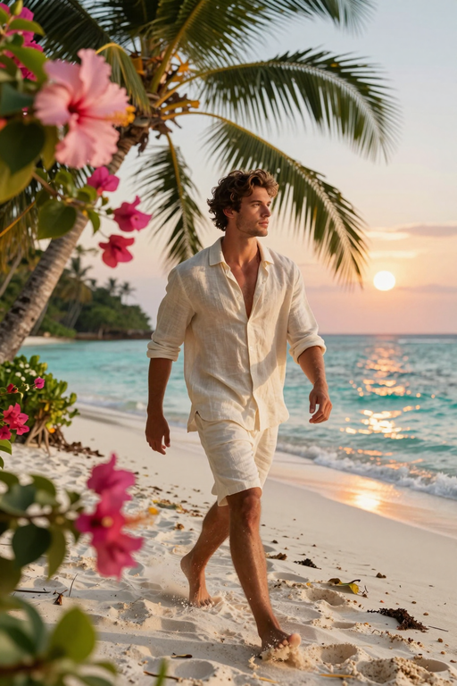A man in linen clothing walks along a tropical beach at sunset near palm trees and hibiscus flowers.