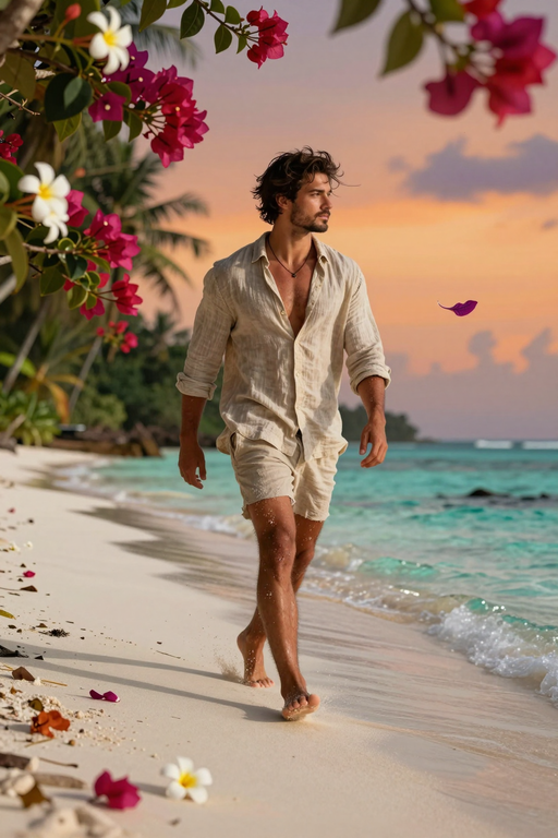 A man in linen clothing walks along a tropical beach at sunset.