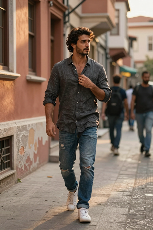 A young man in casual attire walks down a sunlit urban street.