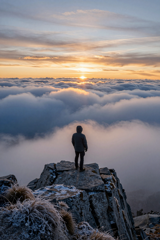 A person stands on a rocky peak overlooking a vast sea of clouds at sunset.
