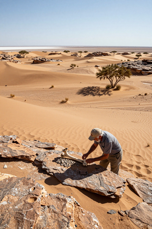 A man works with pieces of wood on a rock amidst vast desert sand dunes.