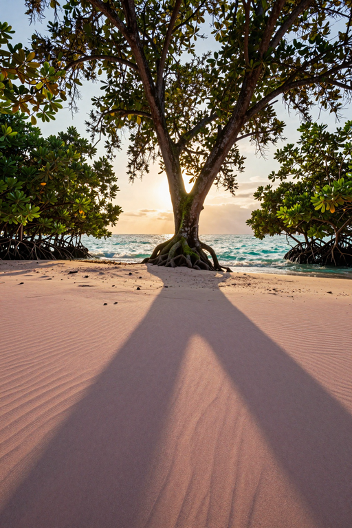 A serene sunset view of mangrove tree roots on a rippled sandy beach by the ocean.