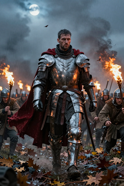 A medieval knight in full plate armor walks through a battlefield illuminated by torches at night.
