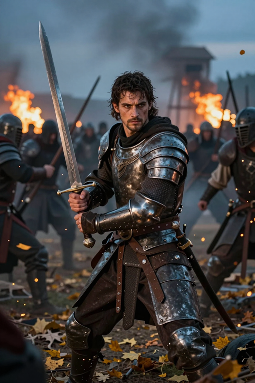 A medieval knight in full plate armor stands ready with a sword on a battlefield.