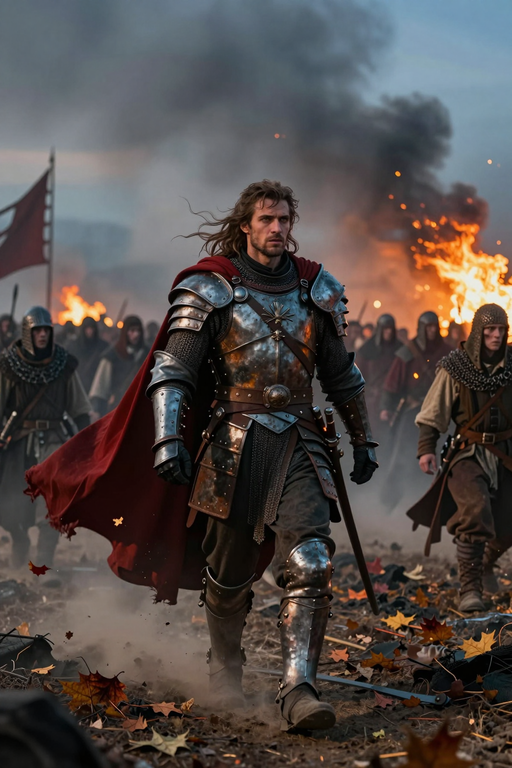 A medieval knight in shining armor walks through a smoky battlefield with fire in the background.