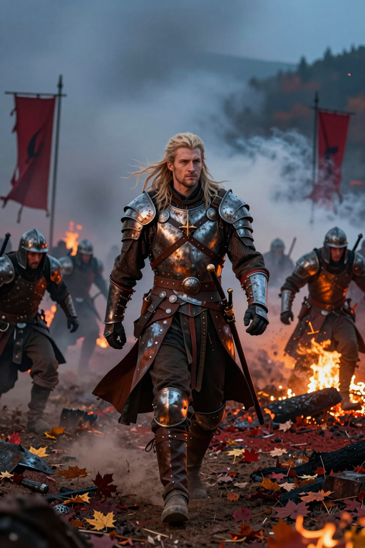 A blonde knight in heavy armor walks through a smoky, fire-lit battlefield.