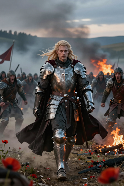 A blonde knight in shining silver armor walks through a smoky battlefield.
