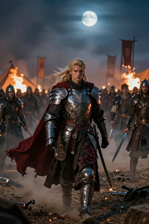 A blonde knight in ornate silver armor walks through a battlefield under the moonlight.