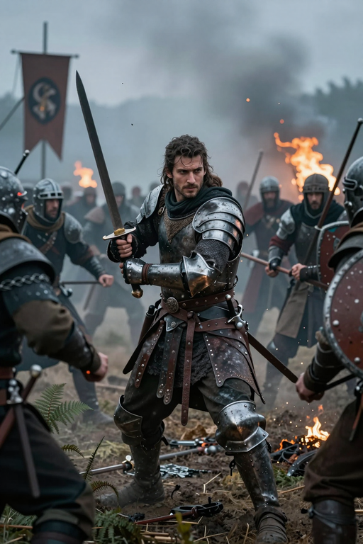 A medieval knight in full armor prepares for battle on a smoky battlefield.