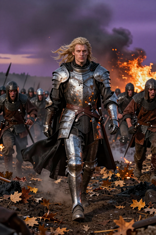 A knight in shining silver armor walks through a battlefield amidst fire and smoke.