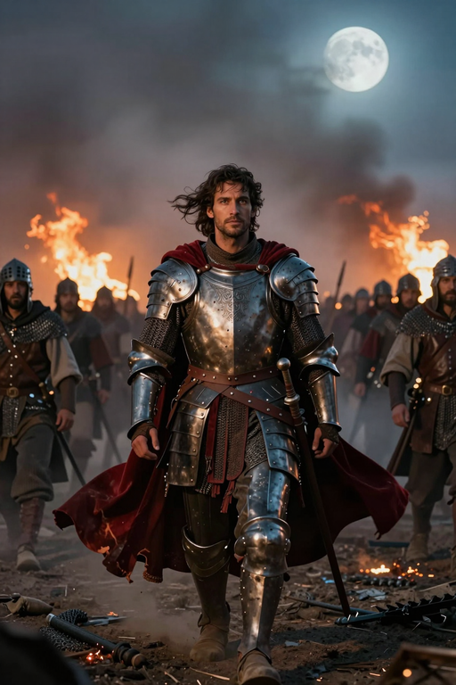 A medieval knight in silver armor stands on a battlefield under a full moon with flames behind him.