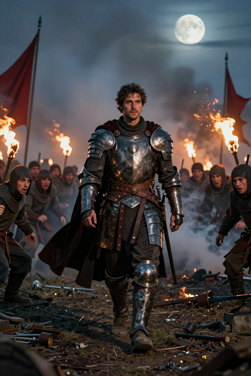 A medieval knight in shining armor walks through a smoky battlefield under a full moon.